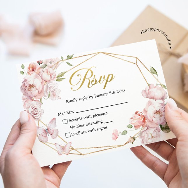Elegant Gold Pink Floral Mis Quince Años Reply RSVP Card (Creator Uploaded)