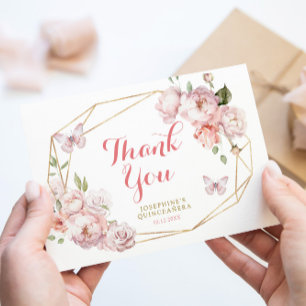 Elegant Gold Pink Floral Mis Quince Thank You Card