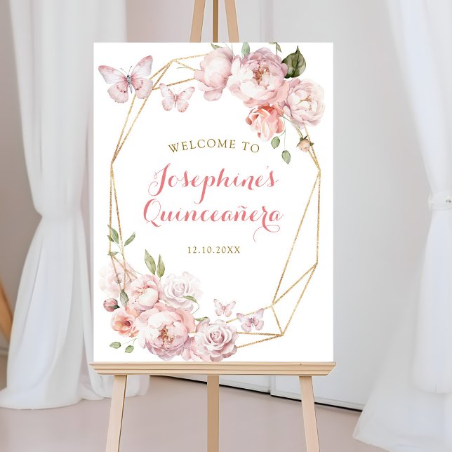 Elegant Gold Pink Floral Mis Quince Welcome Sign (Creator Uploaded)