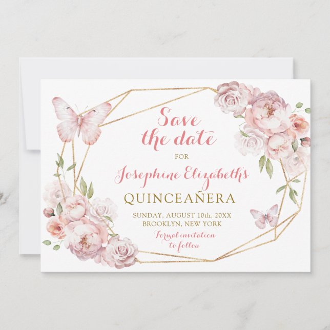 Elegant Gold Pink Floral Mis XV Años Save The Date Invitation (Front)