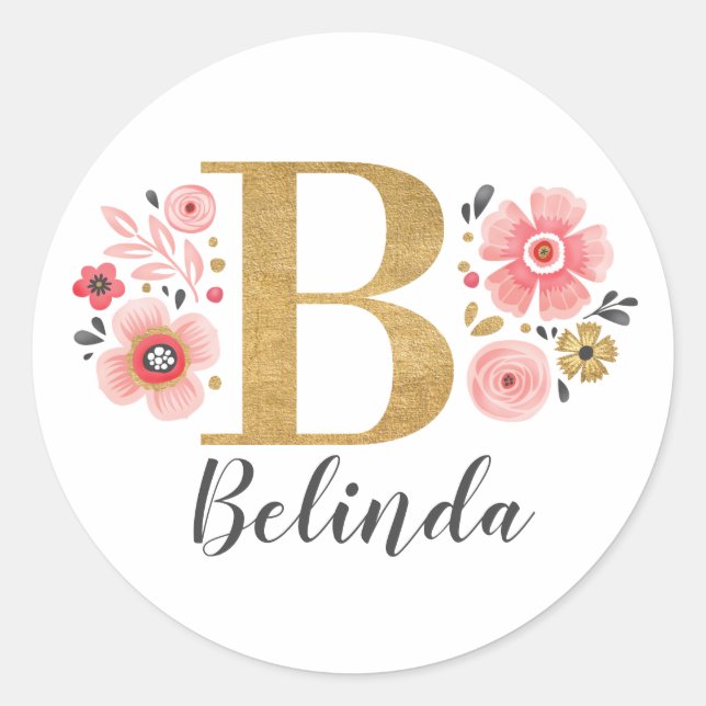 Elegant Gold Pink Floral Monogram Initial Letter B Classic Round Sticker (Front)