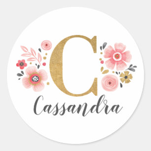 Elegant Gold Pink Floral Monogram Initial Letter C Classic Round Sticker