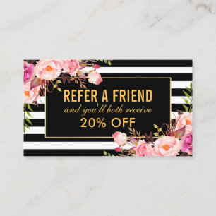 Elegant Gold Pink Floral Striped Referral Business Card