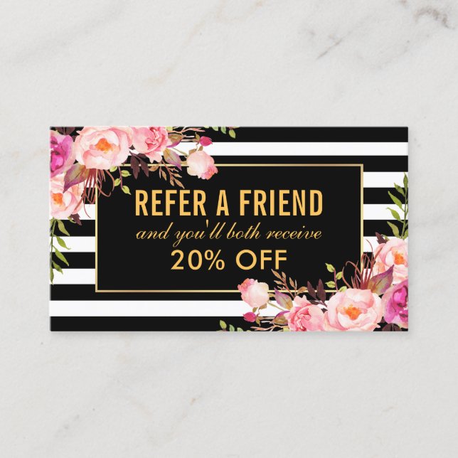 Elegant Gold Pink Floral Striped Referral Business Card (Front)