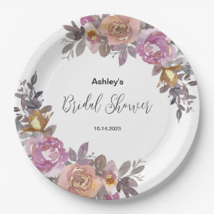 Elegant Gold Pink Floral Watercolor Bridal Shower Paper Plate
