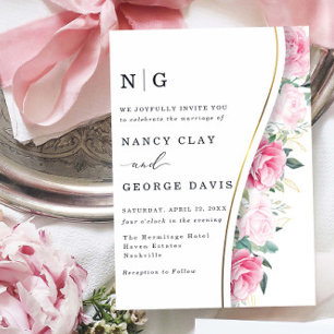 Elegant Gold Pink Flowers Monogram Wedding Invitation