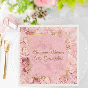 Elegant Gold Pink Flowers Quinceañera Napkin