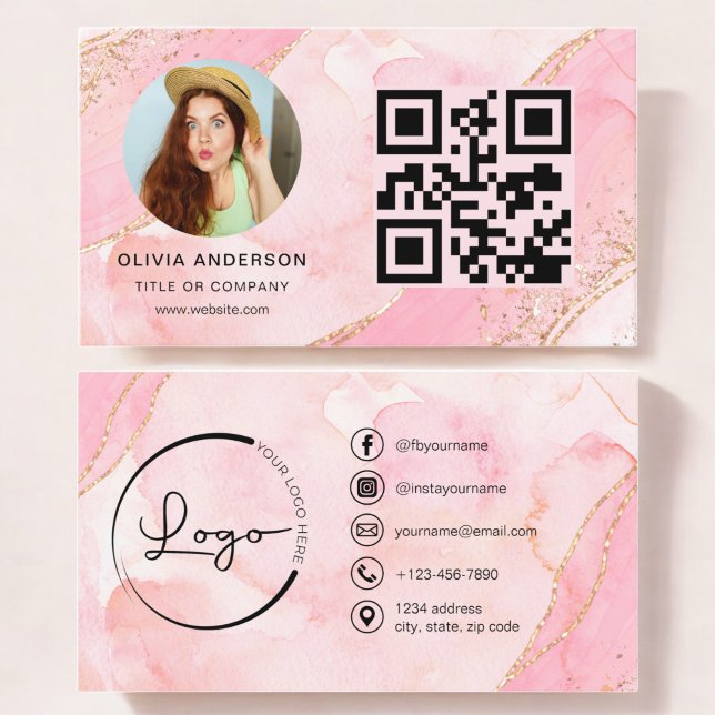 Elegant Gold Pink Glitter QR Code Modern Photo Business Card (Creator Uploaded)