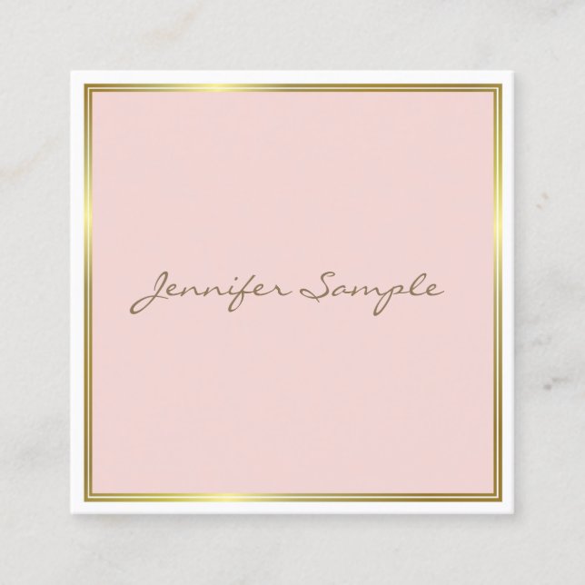Elegant Gold Pink Hand Script Font Text Modern Square Business Card (Front)