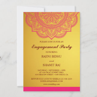 Elegant Gold Pink Paisley Indian Engagement Party Invitation