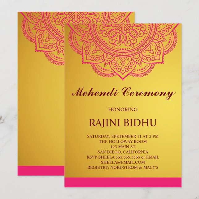Elegant Gold Pink Paisley Indian Mehndi Ceremony Invitation (Front/Back)