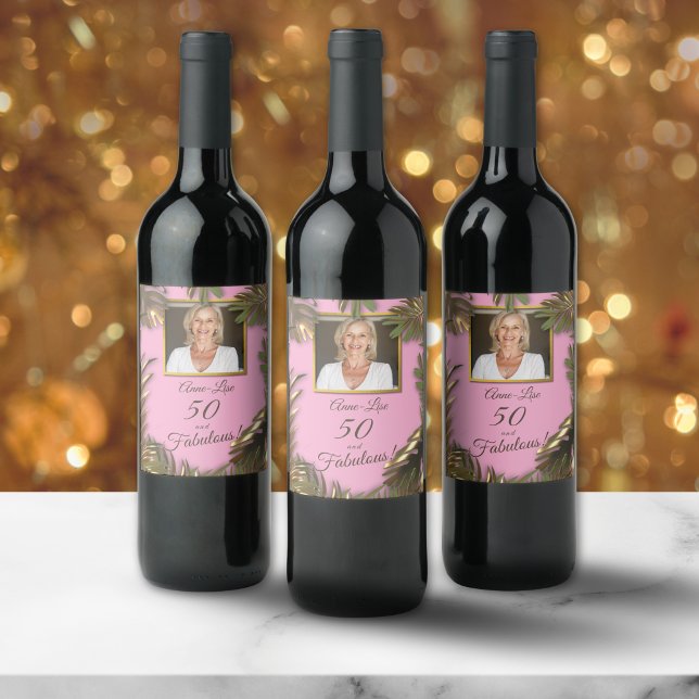 Elegant Gold Pink Photo 50 Fabulous Birthday Wine Label (Creator Uploaded)