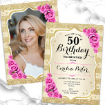 Elegant Gold Pink Photo 50th Birthday Invitation<br><div class="desc">Elegant floral feminine 50th birthday invitation with your photo at the back of the card. Glam design with faux glitter gold. Features gold stripes, pink roses, script font and confetti. Perfect for a stylish adult bday celebration party. Personalise with your own details. Can be customised for any age! Printed Zazzle...</div>