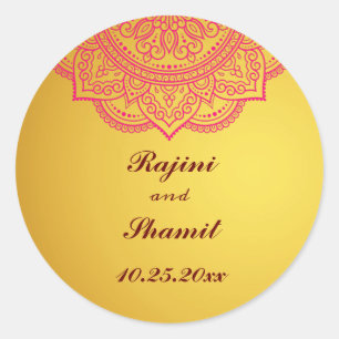 Elegant Gold Pink Red Indian Paisley Wedding Clas Classic Round Sticker