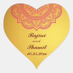 Elegant Gold Pink Red Indian Paisley Wedding Heart Heart Sticker