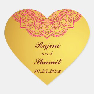 Elegant Gold Pink Red Indian Paisley Wedding Heart Sticker