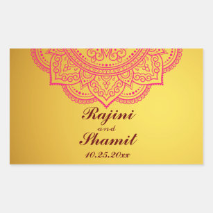 Elegant Gold Pink Red Indian Paisley Wedding Recta Rectangular Sticker