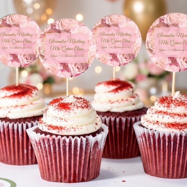 Elegant Gold Pink Rose Floral Quinceañera Classic Round Sticker (Creator Uploaded)