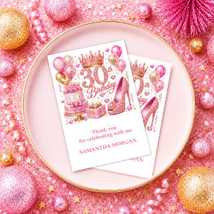 Elegant Gold Pink Sparkle 30th Birthday Thank You Card