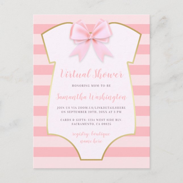 Elegant Gold & Pink Stripes Bow Virtual Shower Invitation Postcard (Front)