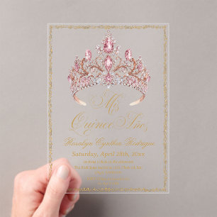 Elegant Gold Pink Tiara Quinceanera Photo Acrylic Invitations
