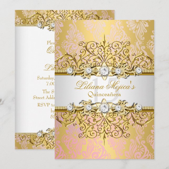 Elegant Gold Pink Vintage Glamour Quinceanera Invitation (Front/Back)