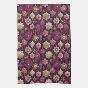 Elegant Gold Plum Holiday Bauble Pattern Tea Towel