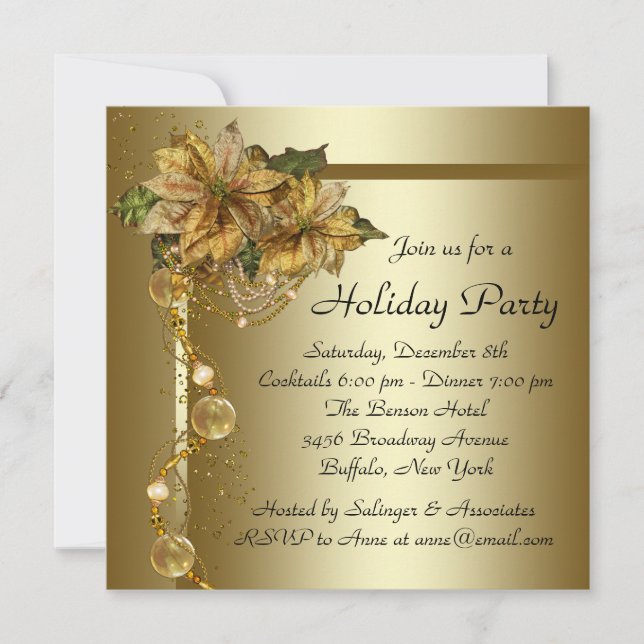 Elegant Gold Poinsettia Black Gold Christmas Party Invitation (Front)