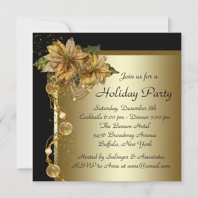 Elegant Gold Poinsettia Black Gold Christmas Party Invitation (Front)
