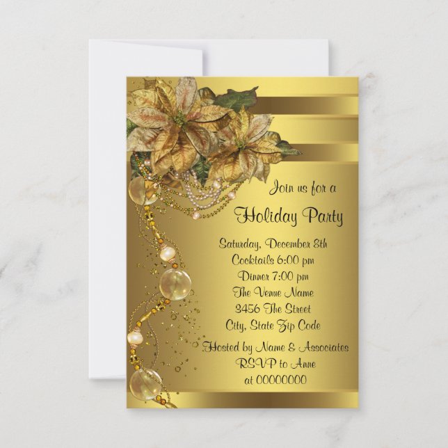 Elegant Gold Poinsettia Gold Christmas Party Invitation (Front)