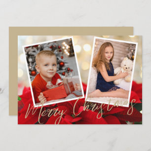 Elegant Gold Poinsettia Merry Christmas 2 Photos  Holiday Card