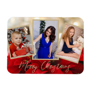 Elegant Gold Poinsettia Merry Christmas 3 Photos  Magnet