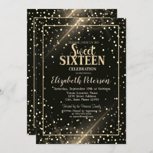 Elegant Gold Polka Dots, Black Sweet 16 Invitation