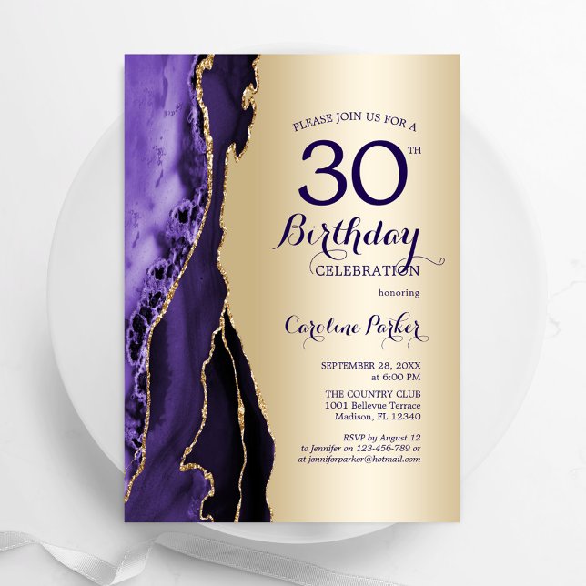 Elegant Gold Purple Agate 30th Birthday Invitation (Creator Uploaded)