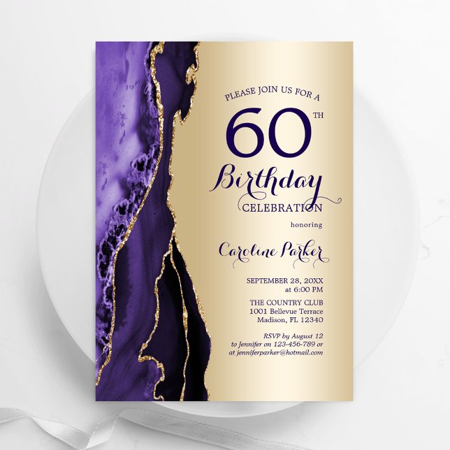 Elegant Gold Purple Agate 60th Birthday Invitation (Creator Uploaded)
