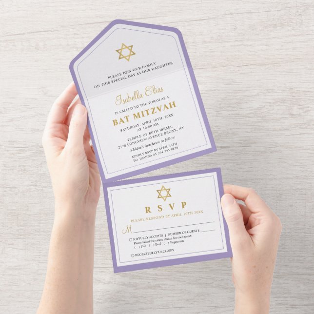 Elegant Gold Purple Bat Mitzvah All In One Invitation (Tearaway)
