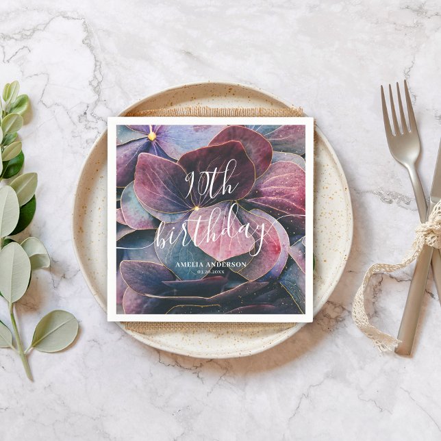 Elegant Gold Purple Blue Hydrangeas 90th Birthday Napkin (Creator Uploaded)