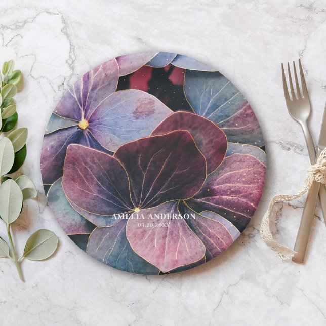 Elegant Gold Purple Blue Hydrangeas Birthday Party Paper Plate (Creator Uploaded)