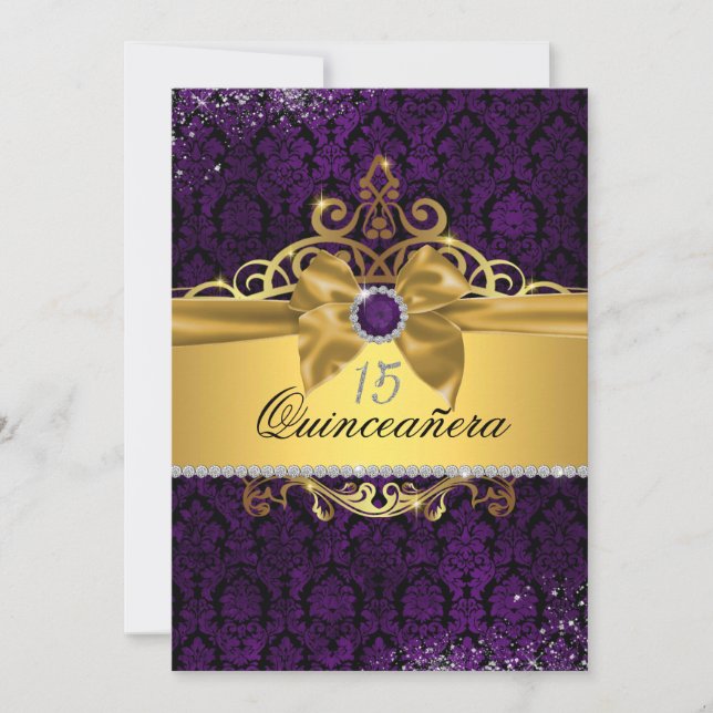 Elegant Gold Purple Damask Quinceanera Invite (Front)