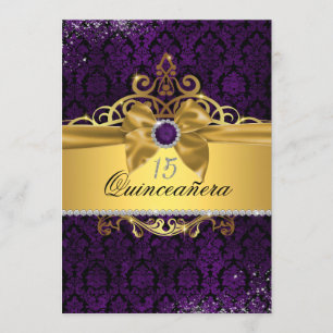 Elegant Gold Purple Damask Quinceanera Invite