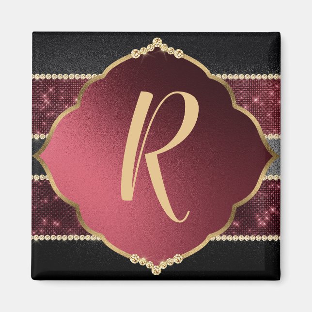Elegant Gold & Purple Diamond Design Monogrammed Magnet (Front)
