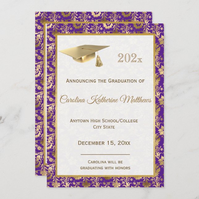 Elegant Gold Purple Floral Graduation Announcement (Front/Back)