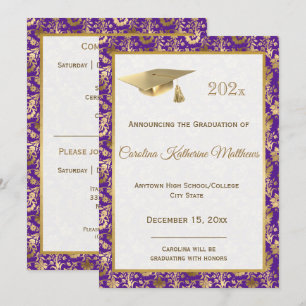 Elegant Gold Purple Floral Graduation Announcement