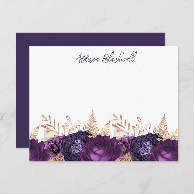 Elegant Gold Purple Flowers Personalised Name Card (Front/Back)