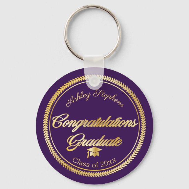 Elegant Gold | Purple Grad Cap Class of 2021 Key Ring (Front)