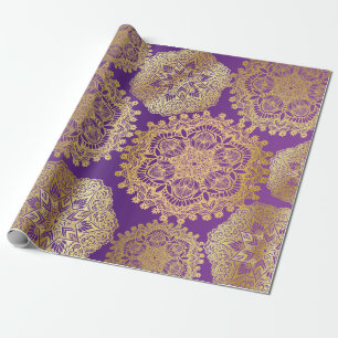 Elegant Gold Purple Mandala Pattern Wrapping Paper