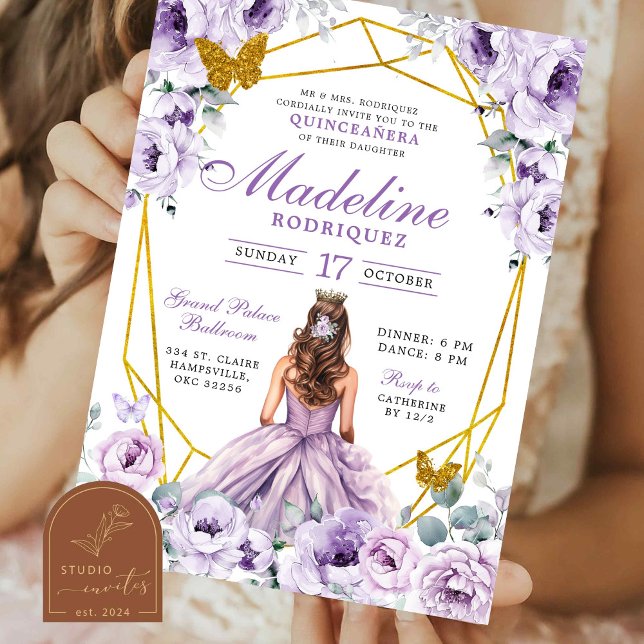 Elegant Gold Purple Mexican Princess Quinceanera Invitation (Creator Uploaded)