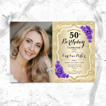 Elegant Gold Purple Photo 50th Birthday Invitation<br><div class="desc">Elegant floral feminine 50th birthday invitation with your photo. Glam design with faux glitter gold. Features stripes, purple roses, script font and confetti. Perfect for a stylish adult bday celebration party. Personalise with your own details. Can be customised for any age! Printed Zazzle invitations or instant download digital printable template....</div>