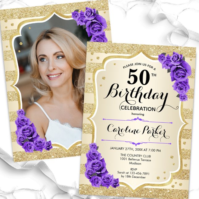 Elegant Gold Purple Photo 50th Birthday Invitation (Creator Uploaded)