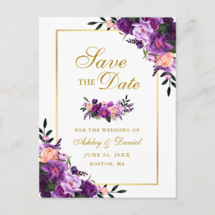 Elegant Gold Purple Violet Floral Save the Date Announcement Postcard